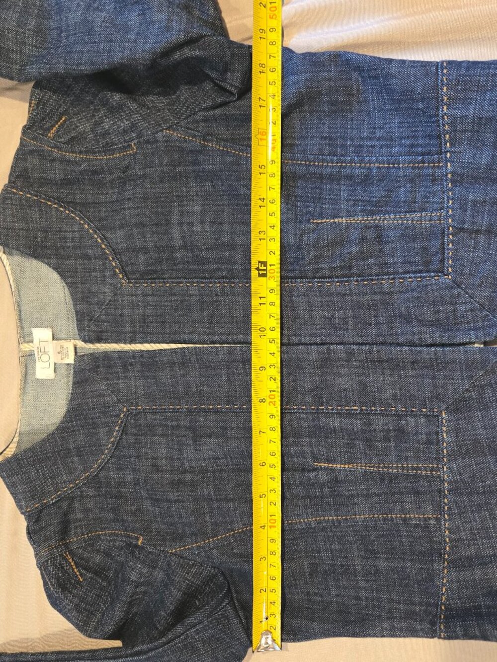 LOFT Cropped Collarless Denim Jacket Blue Jean Blazer Open Front Size 6 - Picture 10 of 15